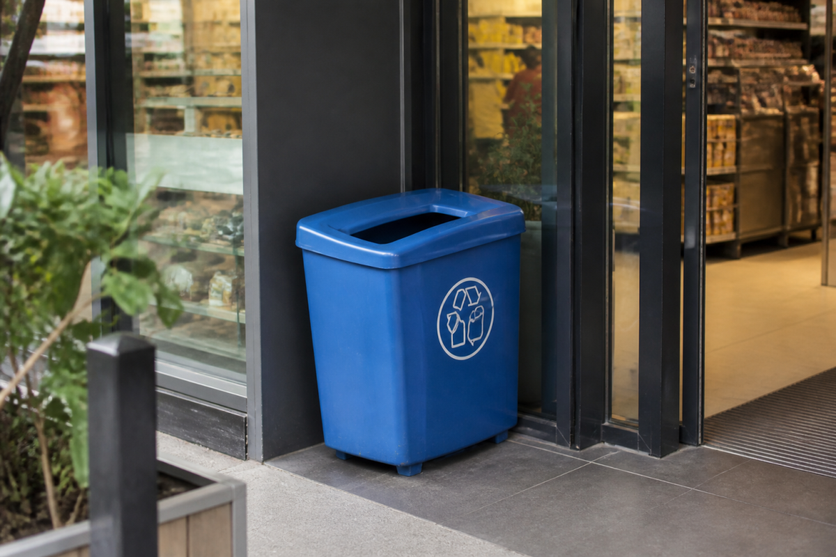 Bac de collecte plastique bleu dans supermarche entree magasin