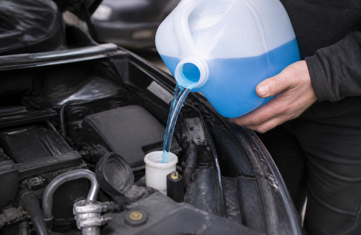 Bidon d'antigel bleu versé dans reservoir automobile ouvert