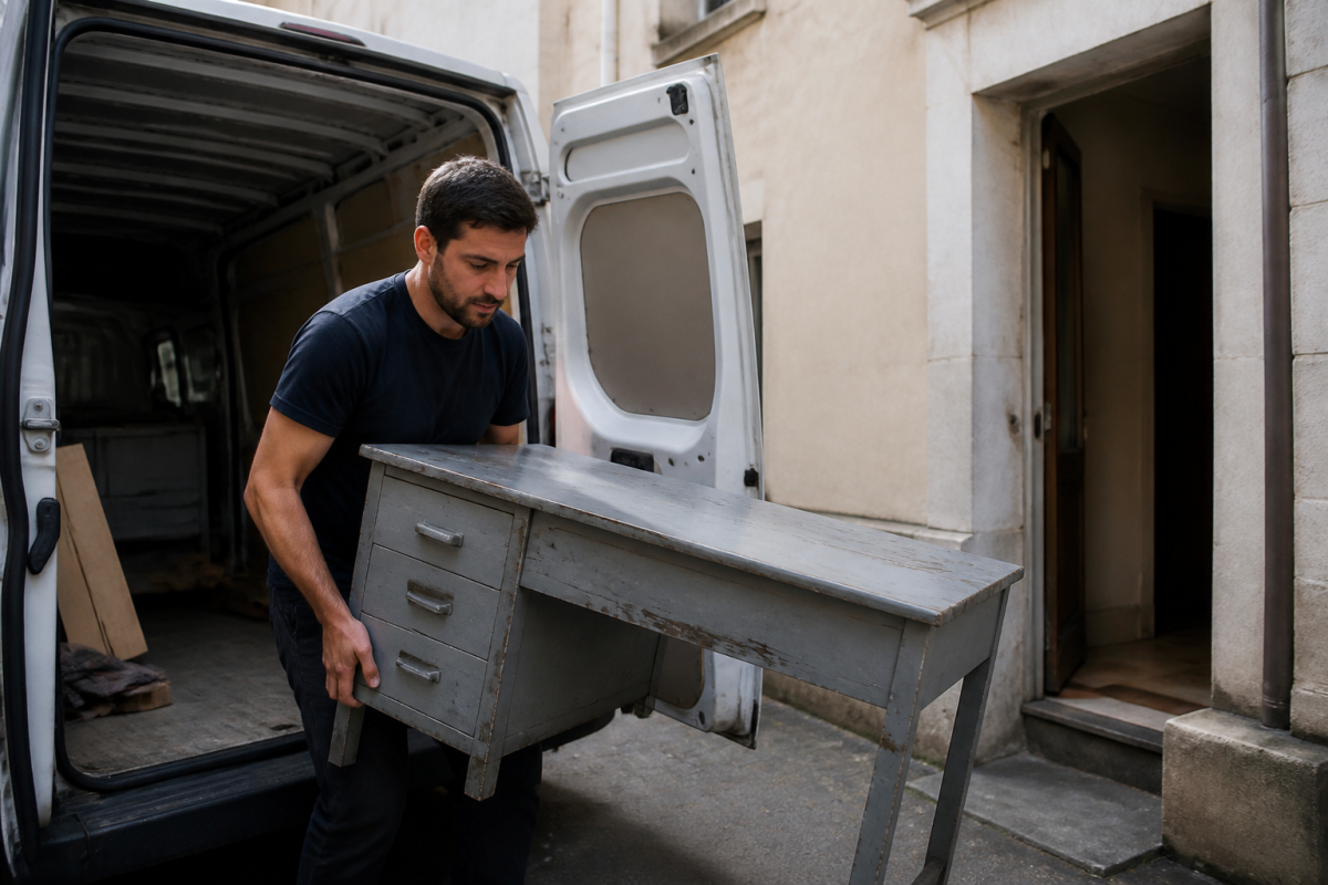 Livreur transportant ancien bureau en bois gris