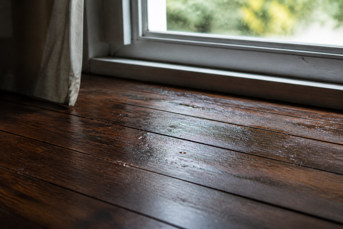 Fenetre ouverte avec gouttelettes argentees sur plancher bois