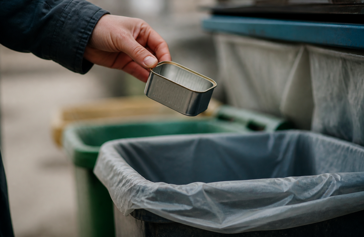 Main tenant une boite metallique au-dessus d'un bac recyclage.