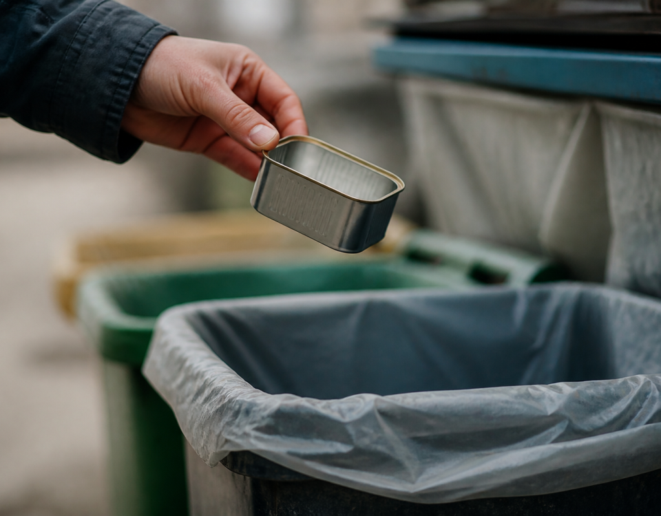 Main tenant une boite metallique au-dessus d'un bac recyclage.