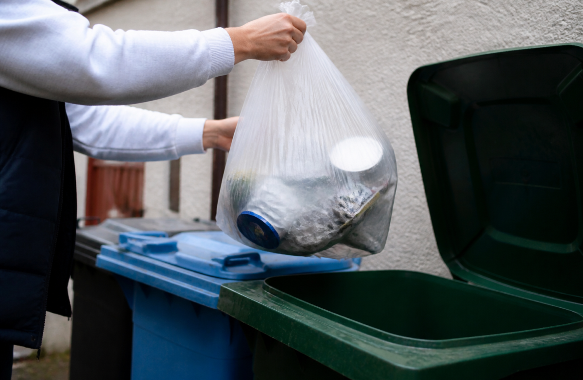 Main tenant un sac transparent au-dessus bac recyclage