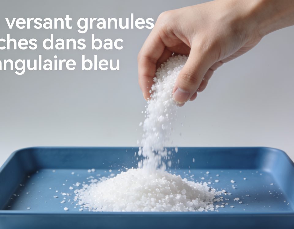 Main versant granules blanches dans bac rectangulaire bleu