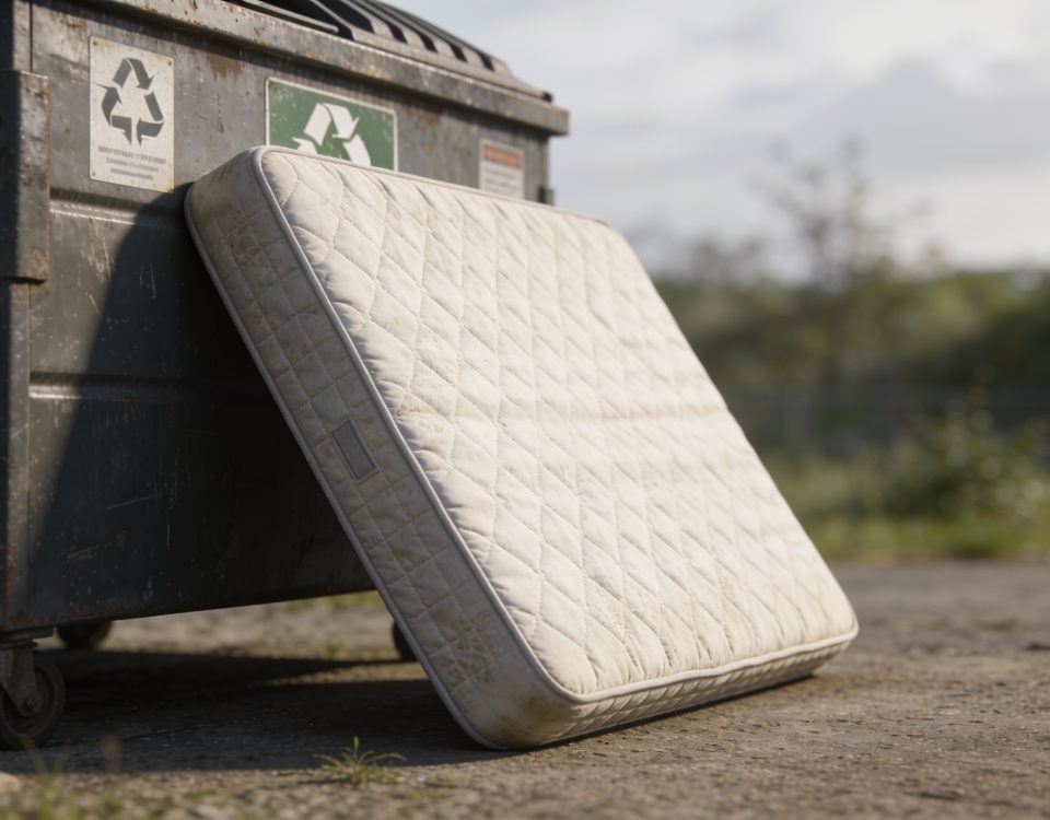 Matelas appuyé contre conteneur de recyclage exterieur