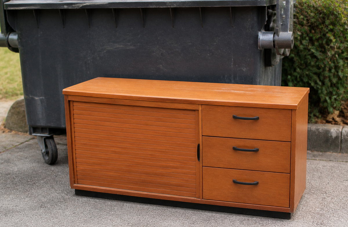 Meuble de bureau en bois posé devant benne a dechets