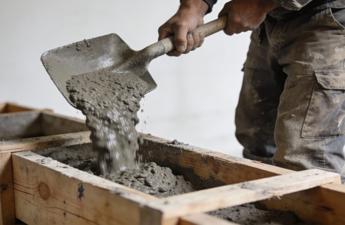 Ouvrier versant béton gris dans moule bois