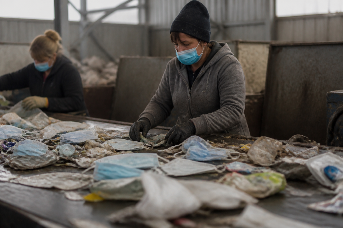 Ouvriers en gants triant déchets avec masques bleus éparpillés parmi papiers plastiques