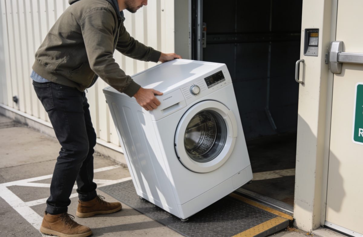 Personne deposant une machine a laver au centre recyclage