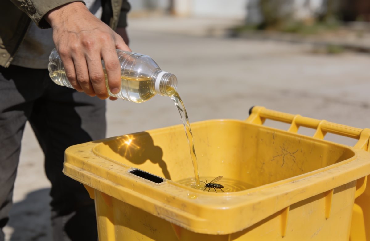 Personne versant liquide insecticide dans poubelle jaune