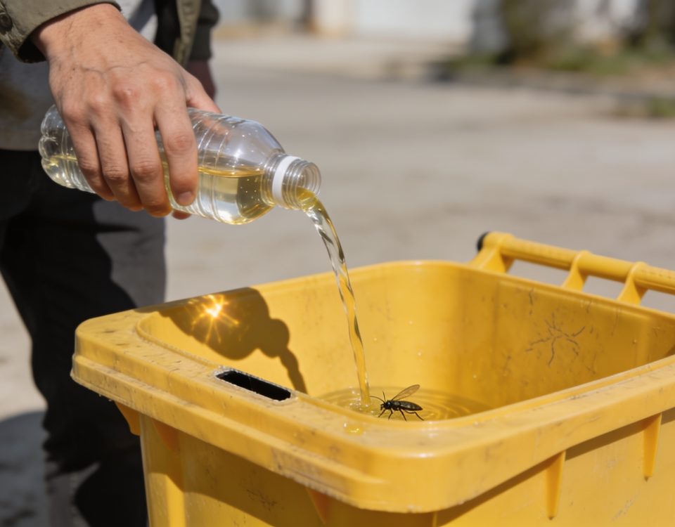 Personne versant liquide insecticide dans poubelle jaune