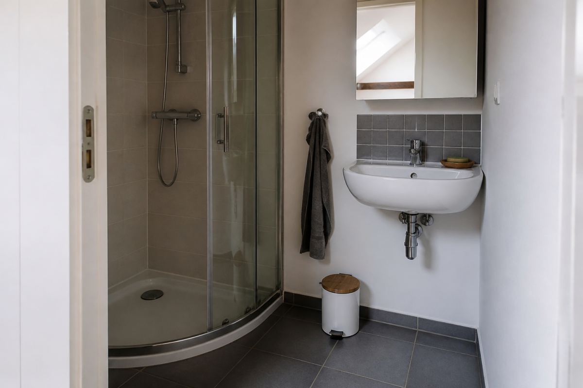 Petite salle bain carrée avec douche angle et vasque murale.