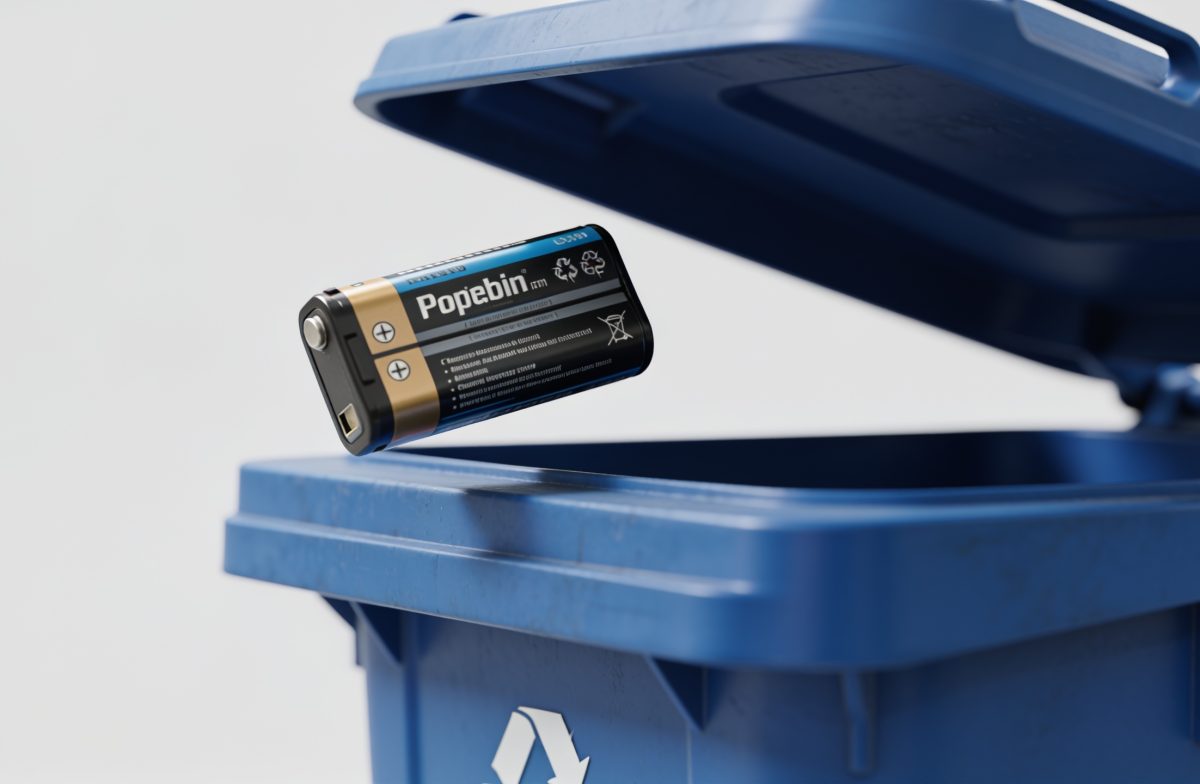 Batterie portable jetée dans bac recyclage bleu
