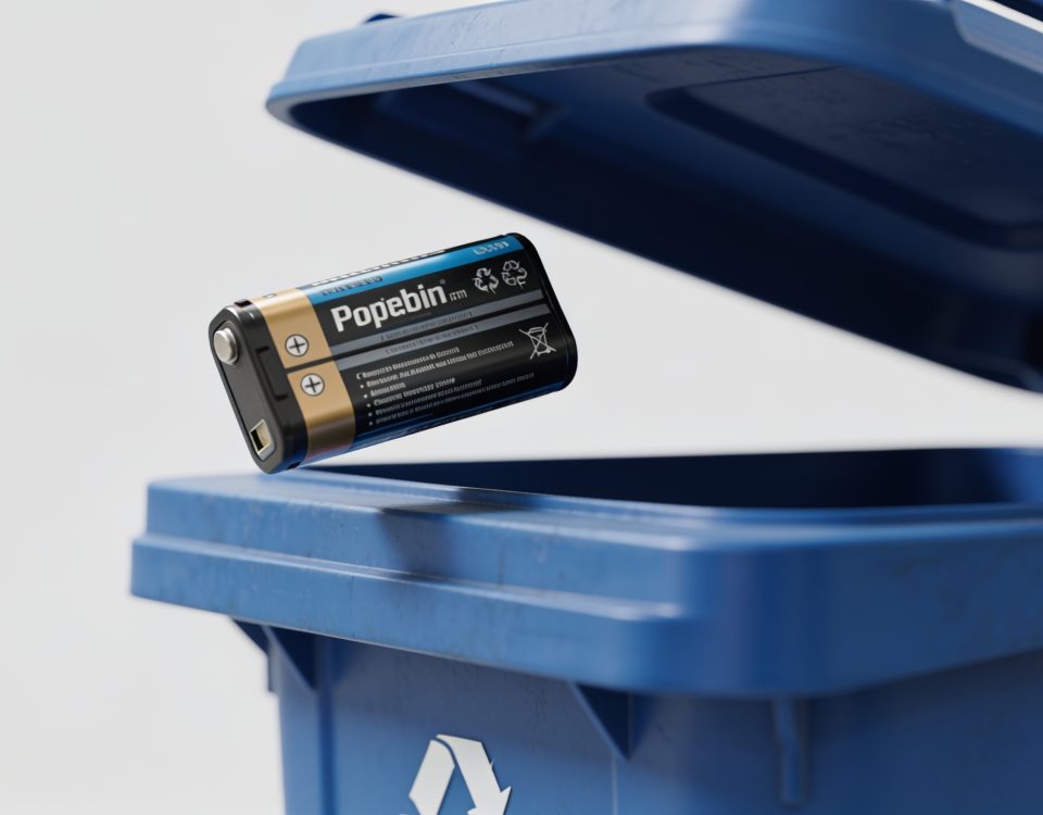 Batterie portable jetée dans bac recyclage bleu