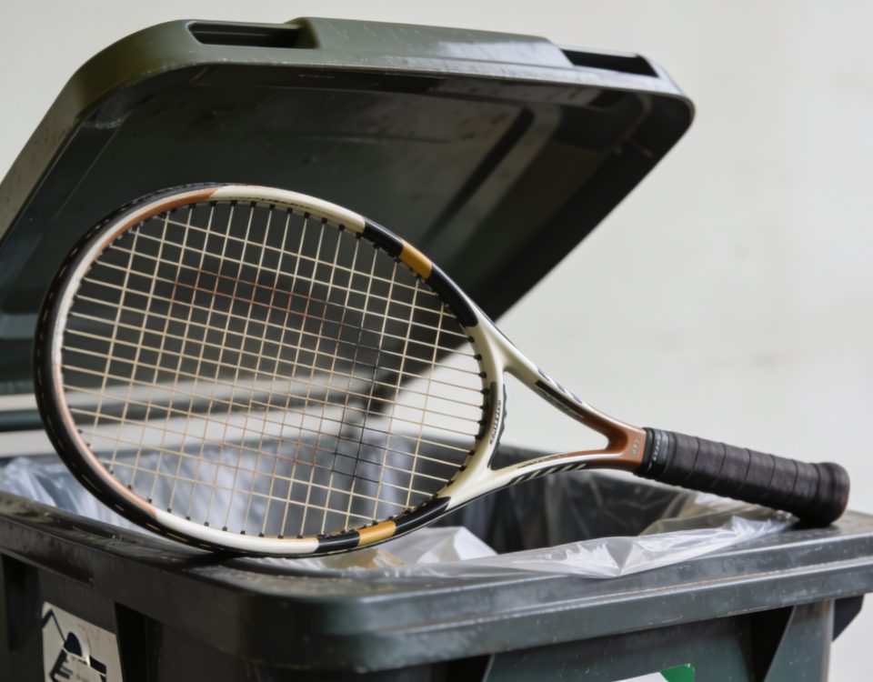 Raquette de tennis posee sur un bac de recyclage ouvert.