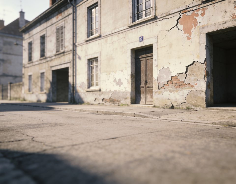 Rue déserte d'Épinal avec bâtiments dégradés en arrière-plan