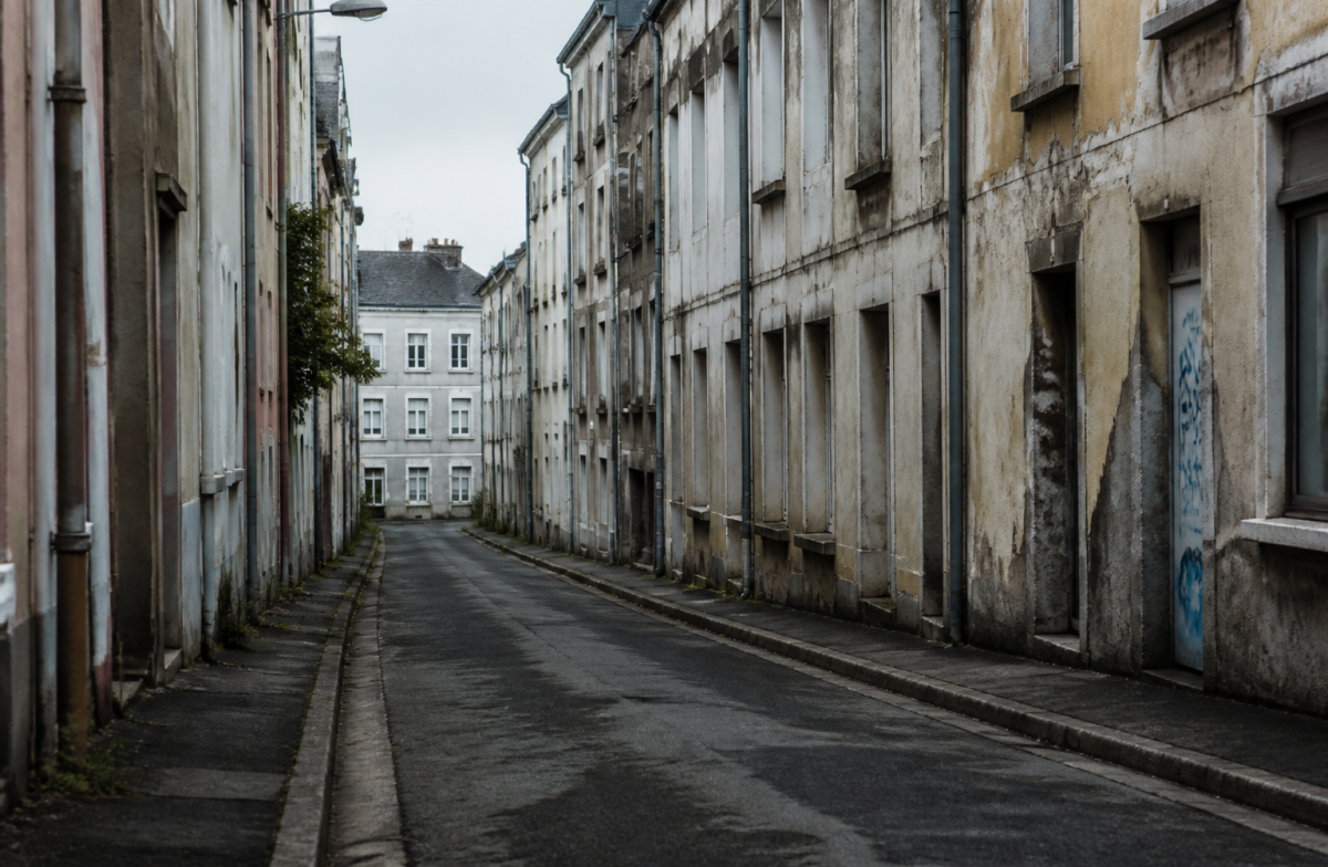 Rue sombre de Brest avec immeubles delabres et deserts.