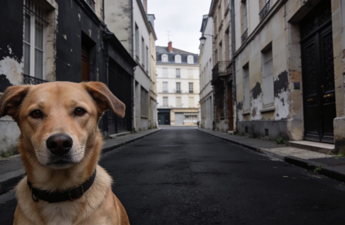 Rue sombre de Nantes avec batiments degrades et facades usees.