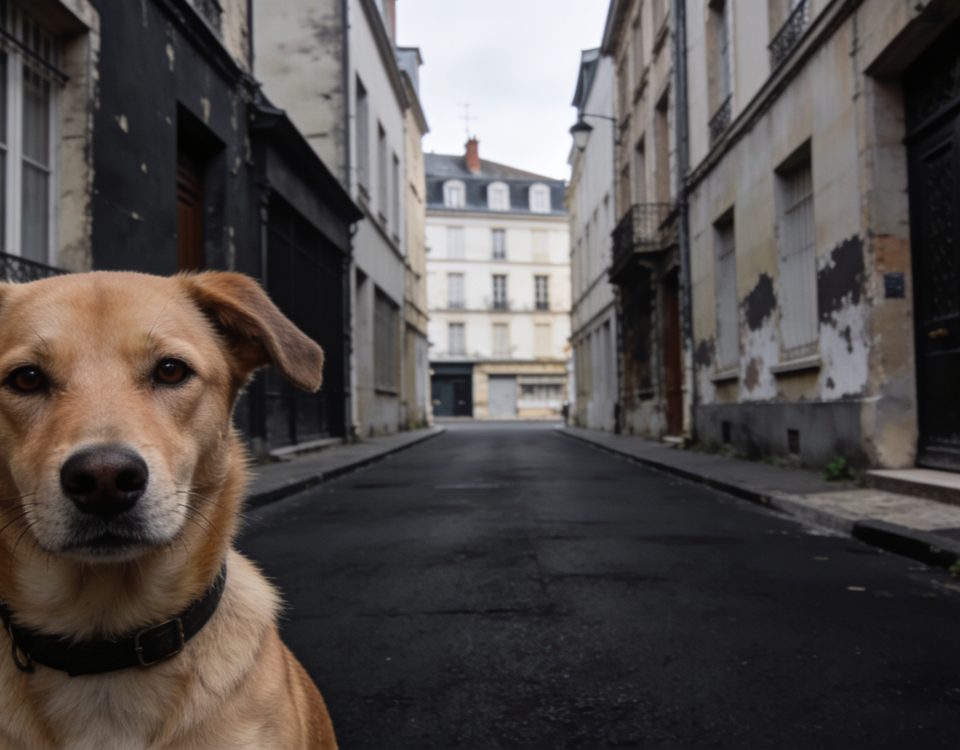 Rue sombre de Nantes avec batiments degrades et facades usees.
