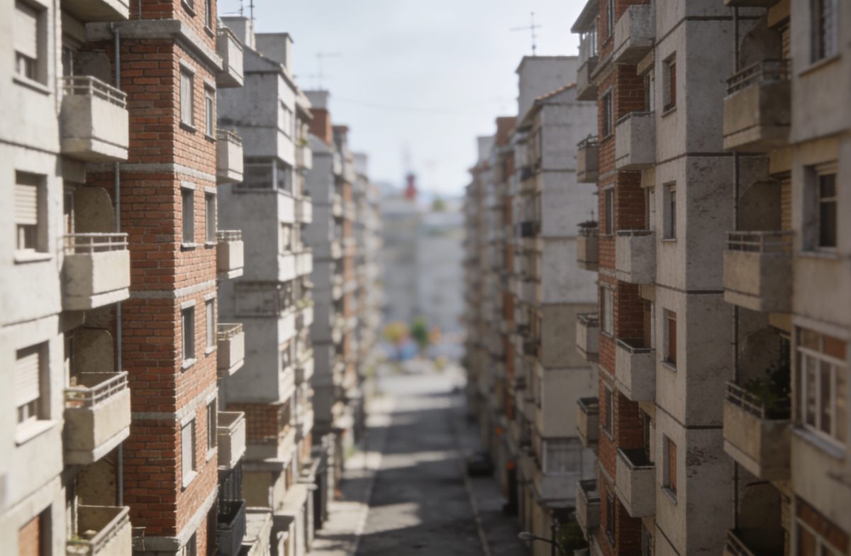 Rue urbaine dense avec immeubles résidentiels serrés