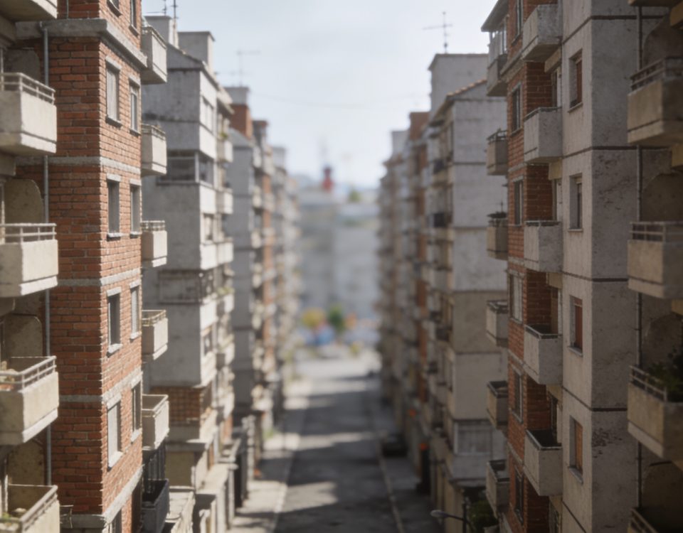 Rue urbaine dense avec immeubles résidentiels serrés