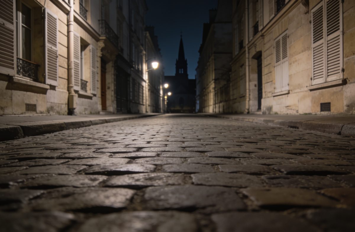 Rues parisiennes sombres et désertes la nuit.