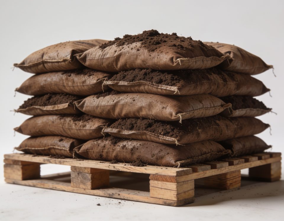 Sac de terreau brun empile sur une palette en bois