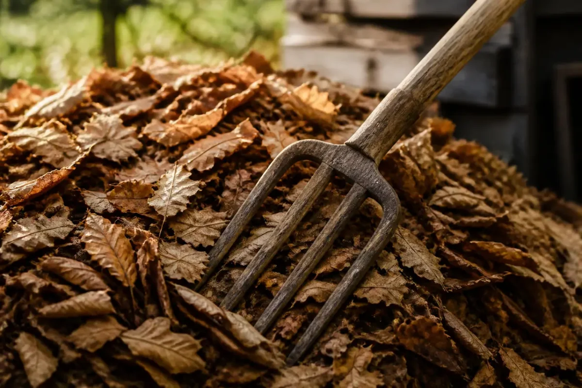 Amas brun de feuilles et fourche en bois
