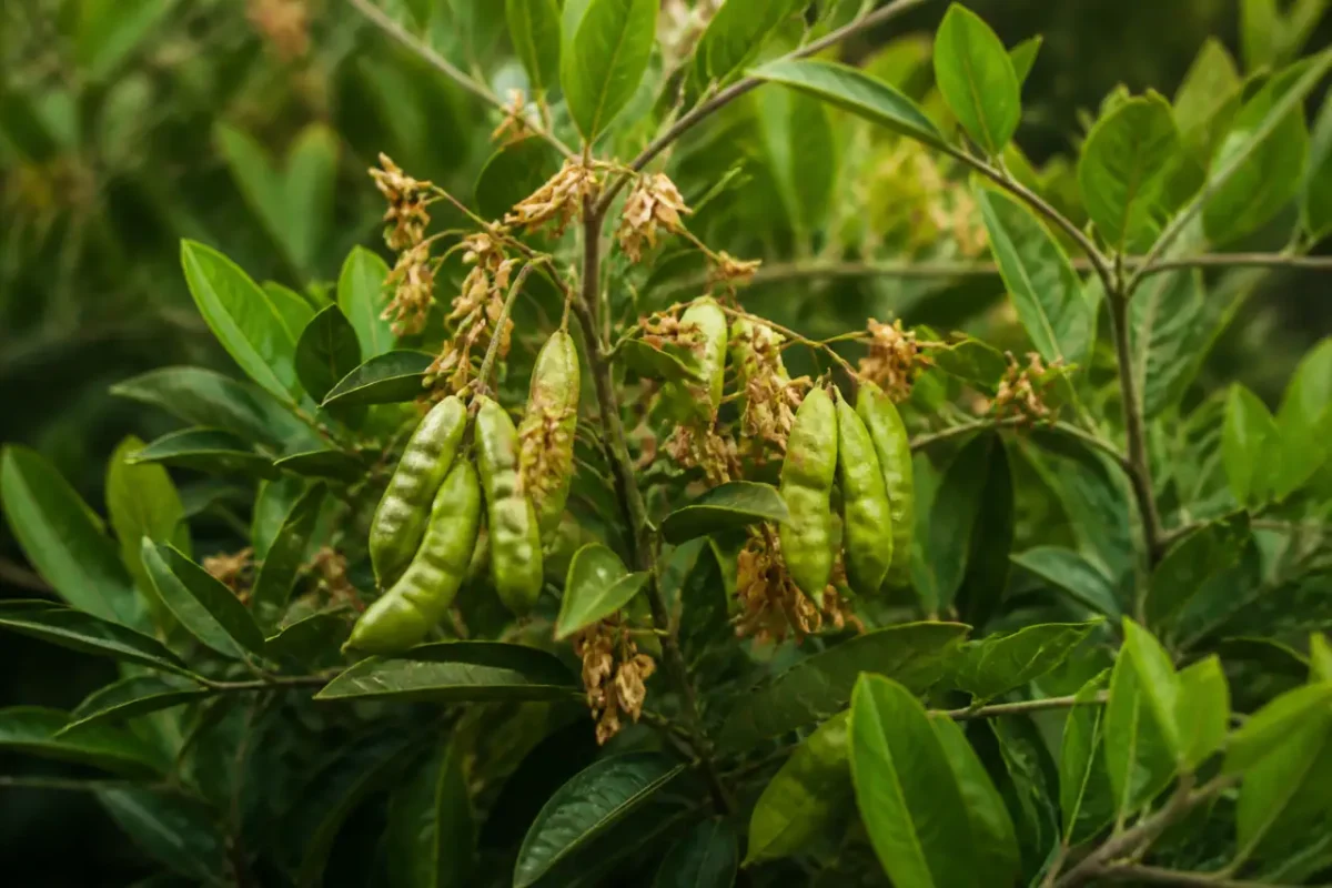 Arbuste aux gousses vertes et souples, fleurs fanees