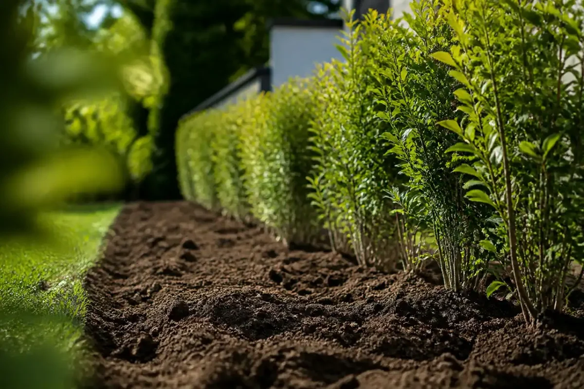 Arbustes alignés dans un jardin, sol fraichement creusé