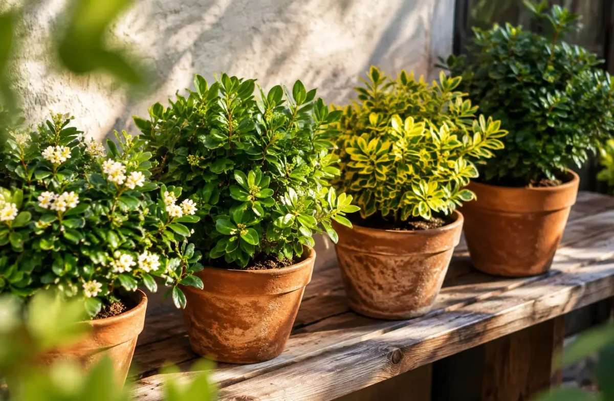 Arbustes en pots alignes sur un banc en bois