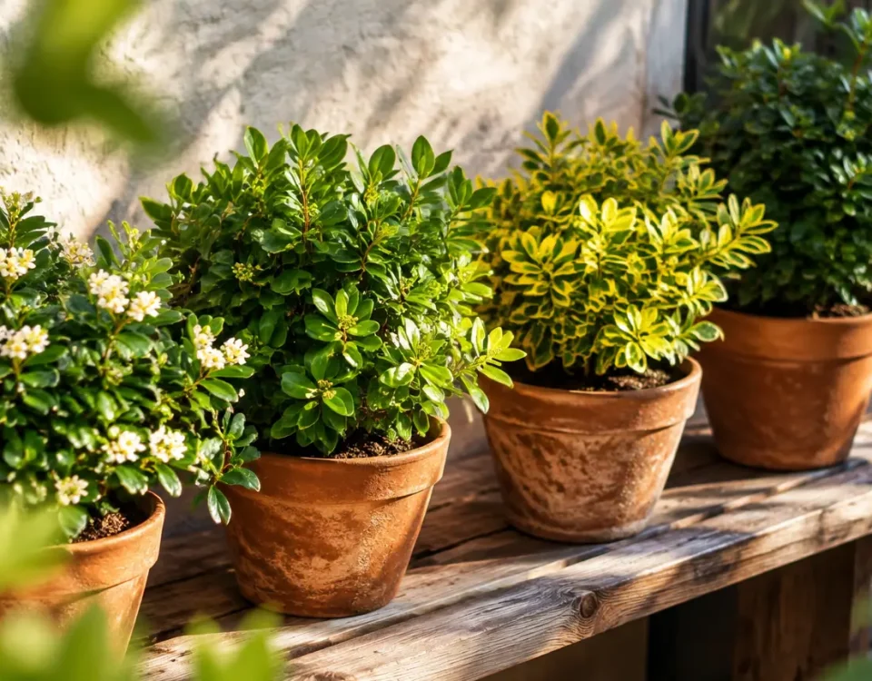 Arbustes en pots alignes sur un banc en bois