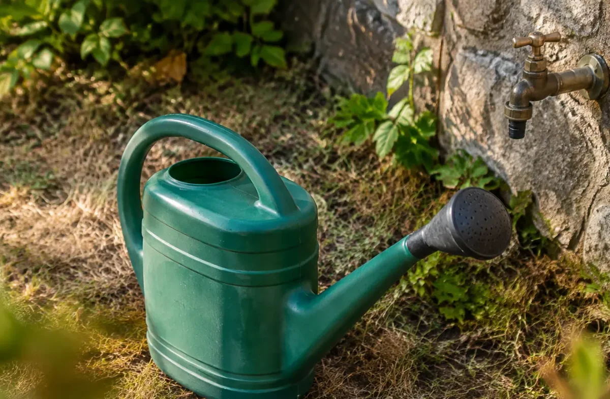 Arrosoir vert pose sur herbe seche pres dun robinet