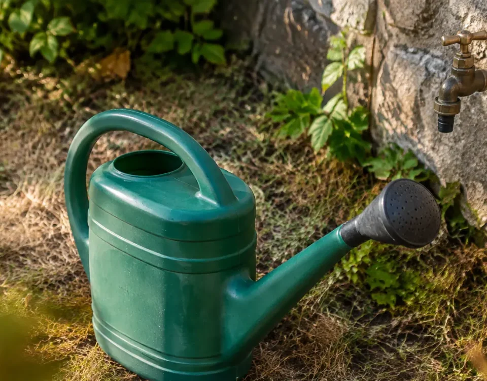 Arrosoir vert pose sur herbe seche pres dun robinet