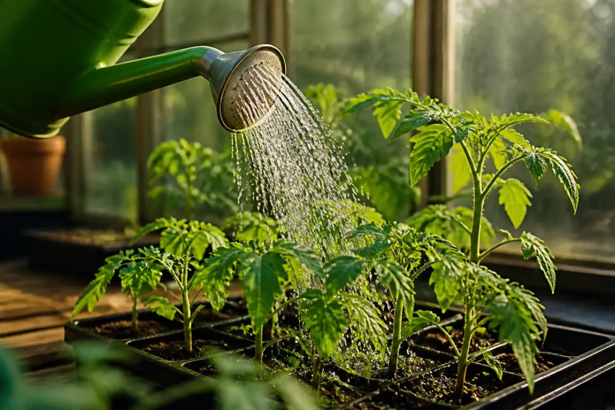 Arrosoir vert arrosant de jeunes plants de tomates