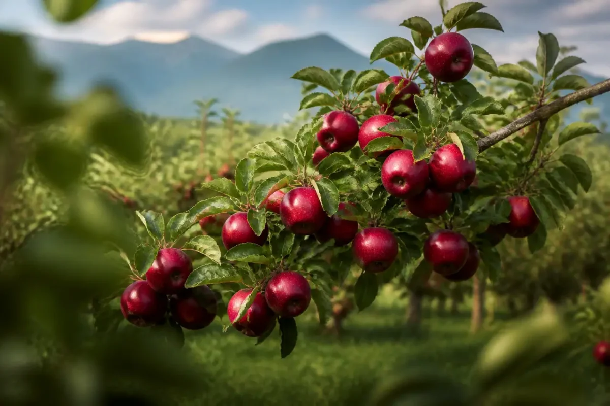 Branches de pommier ployant sous des pommes rouges brillantes