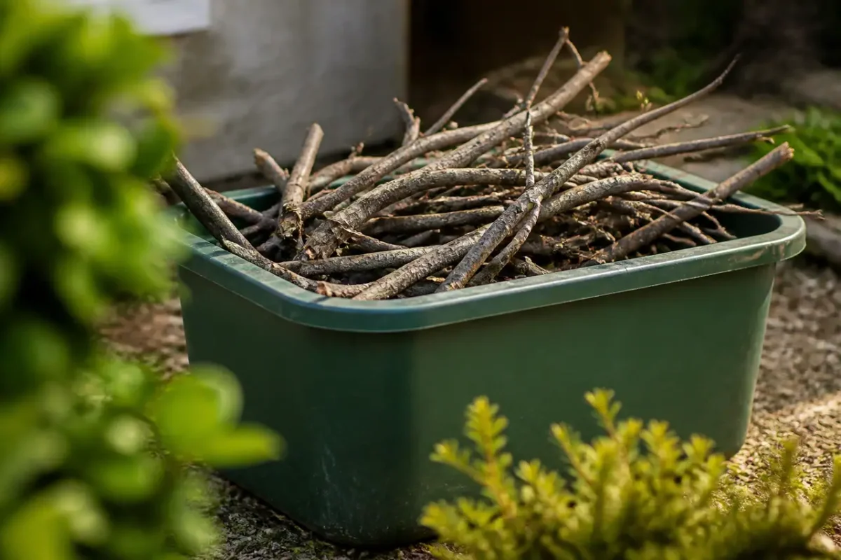 Branches seches empilees dans un bac vert