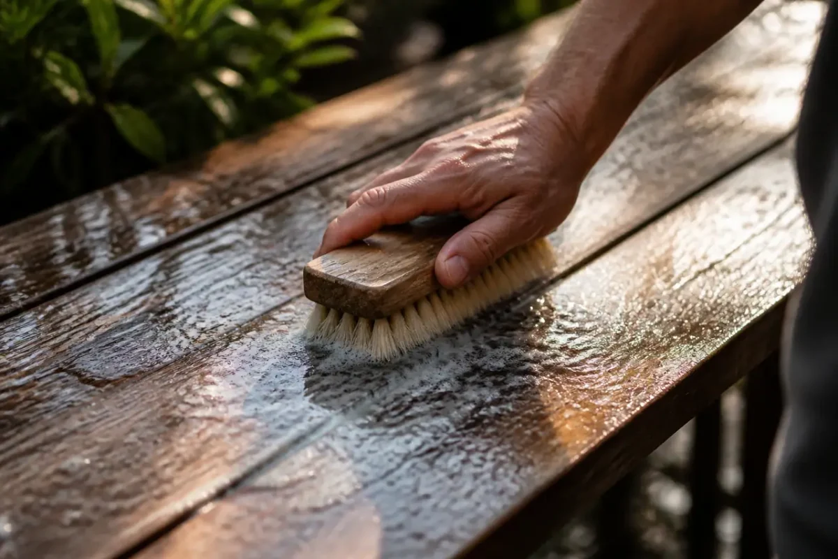 Brosse dure frottant une planche de bois humide