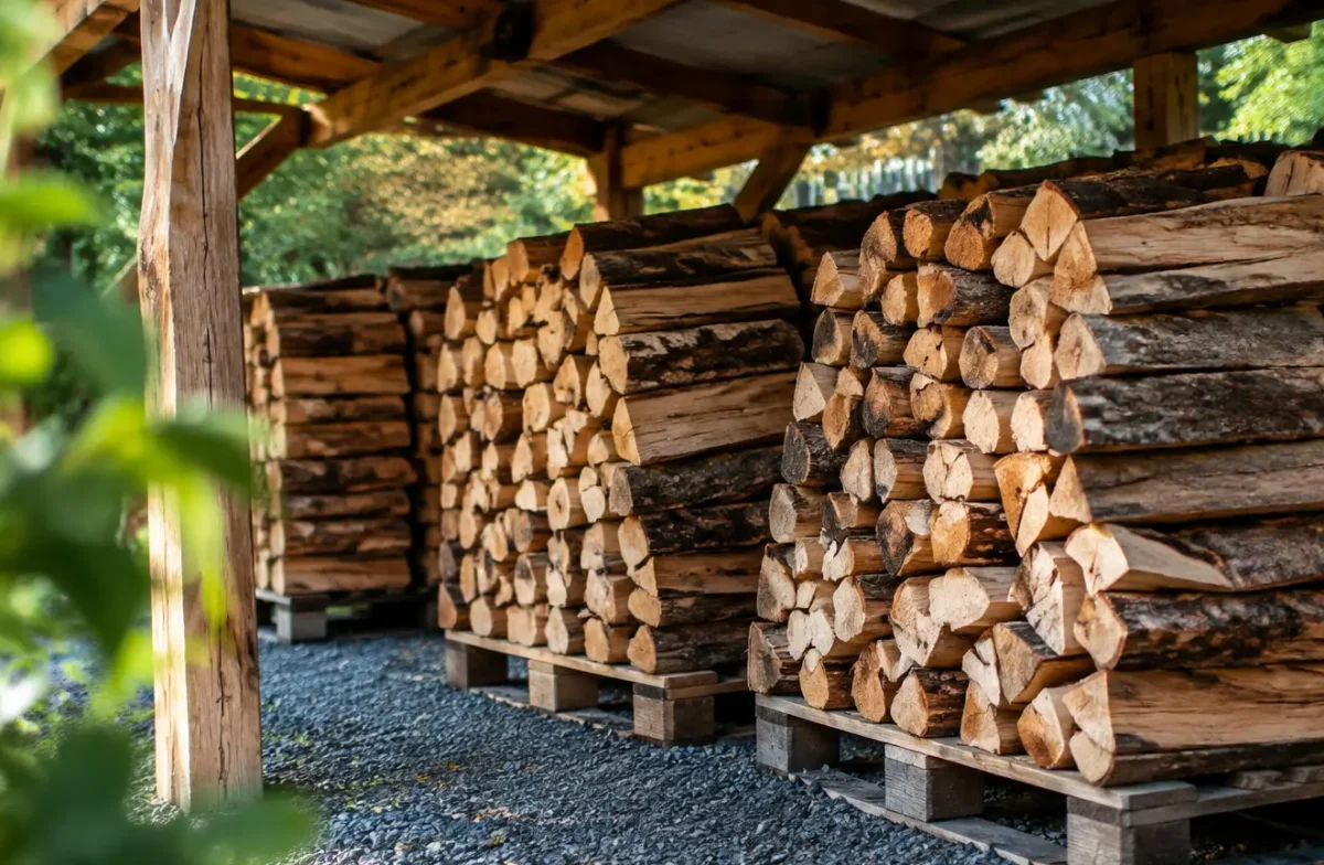 Buches empilees sur palettes en bois sous un abri