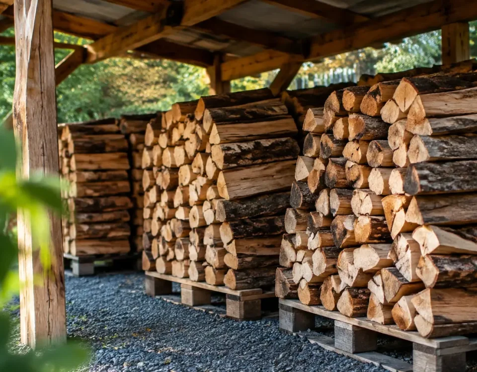 Buches empilees sur palettes en bois sous un abri