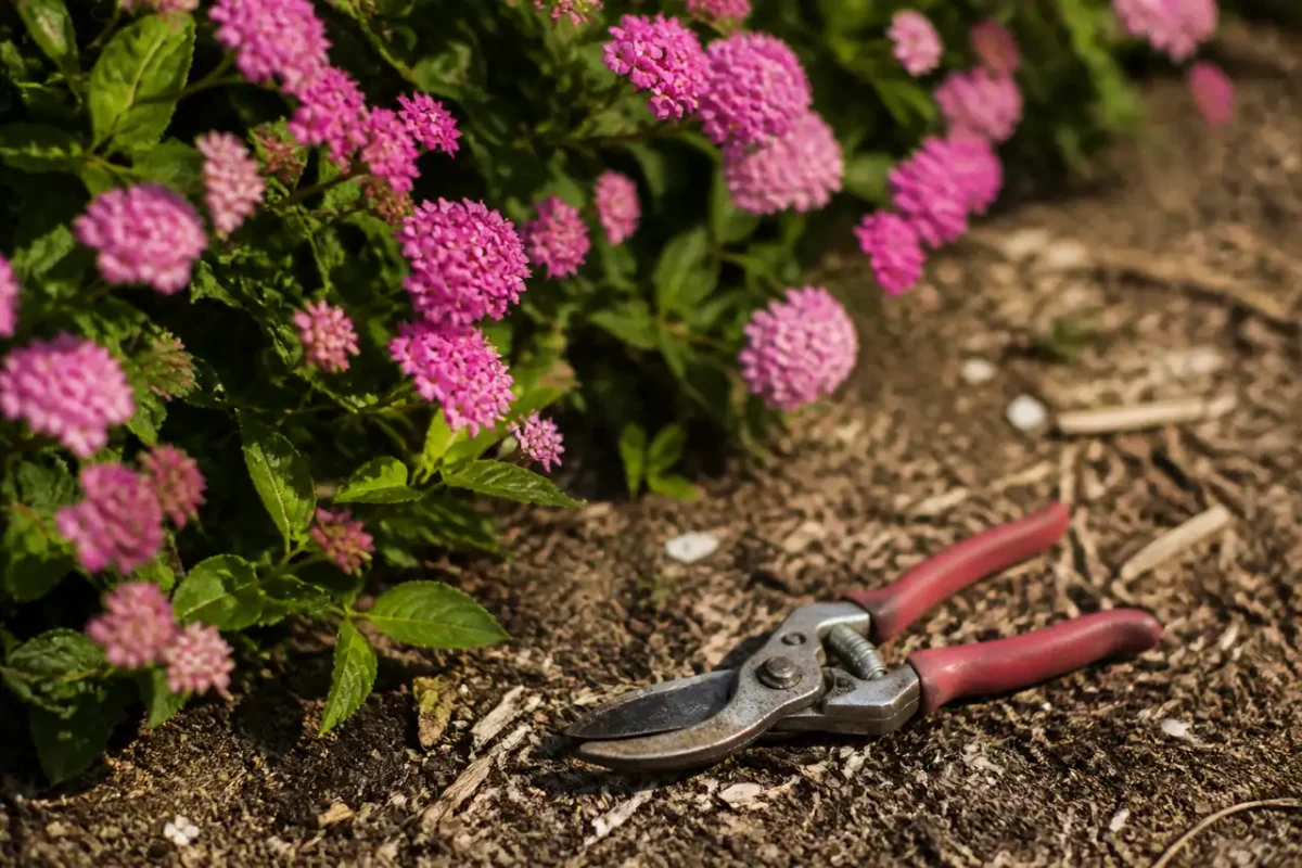 Buisson de spirees roses et secateur pose sur terre
