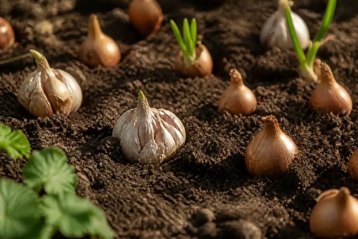 Bulbes d'ail et echalote plantes dans terre brune meuble