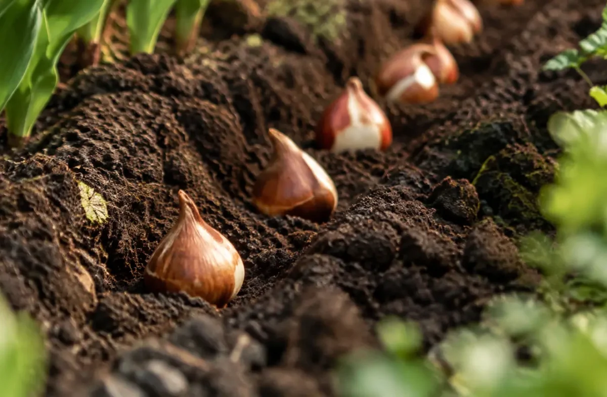 Bulbes de tulipes alignes dans la terre brune