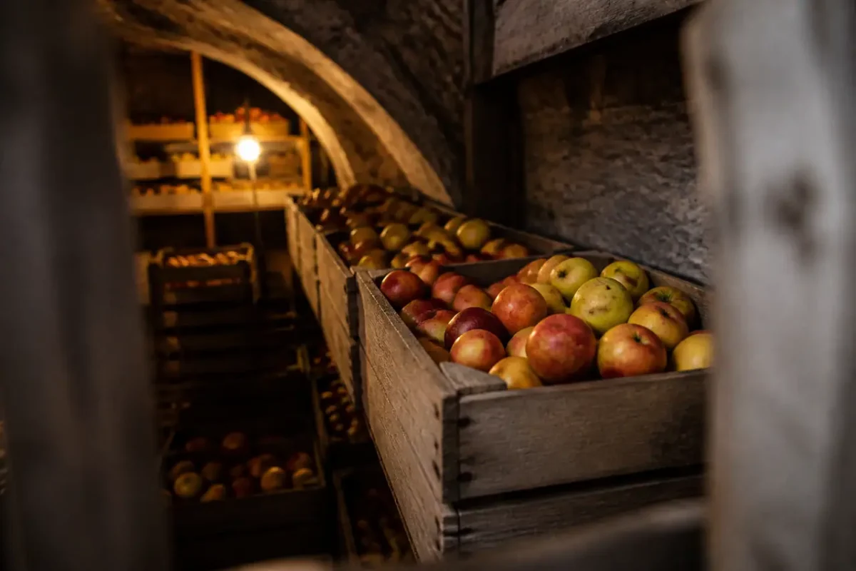 Cagettes de pommes rangees dans une cave sombre