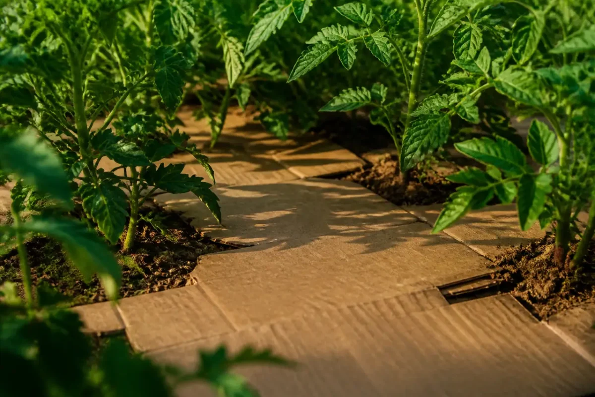 Carton brun etale entre des plants de tomates