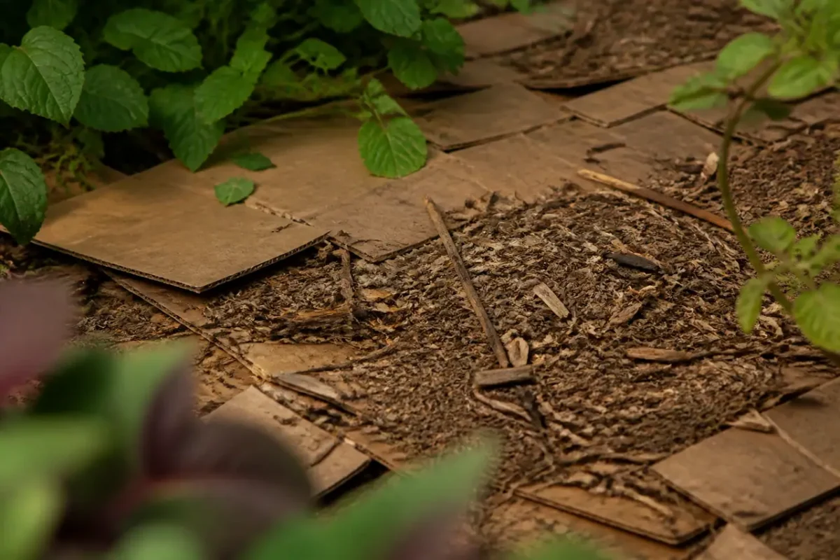 Cartons bruns et broyat de branches couvrant le sol