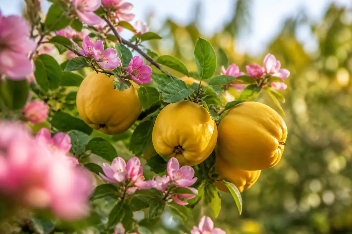 Cognassier en fleurs roses et gros fruits jaunes