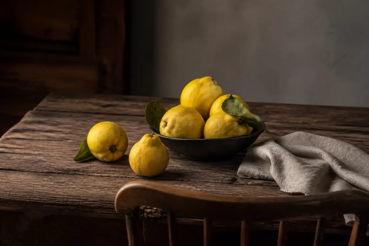 Coings jaunes sur une table en bois rustique