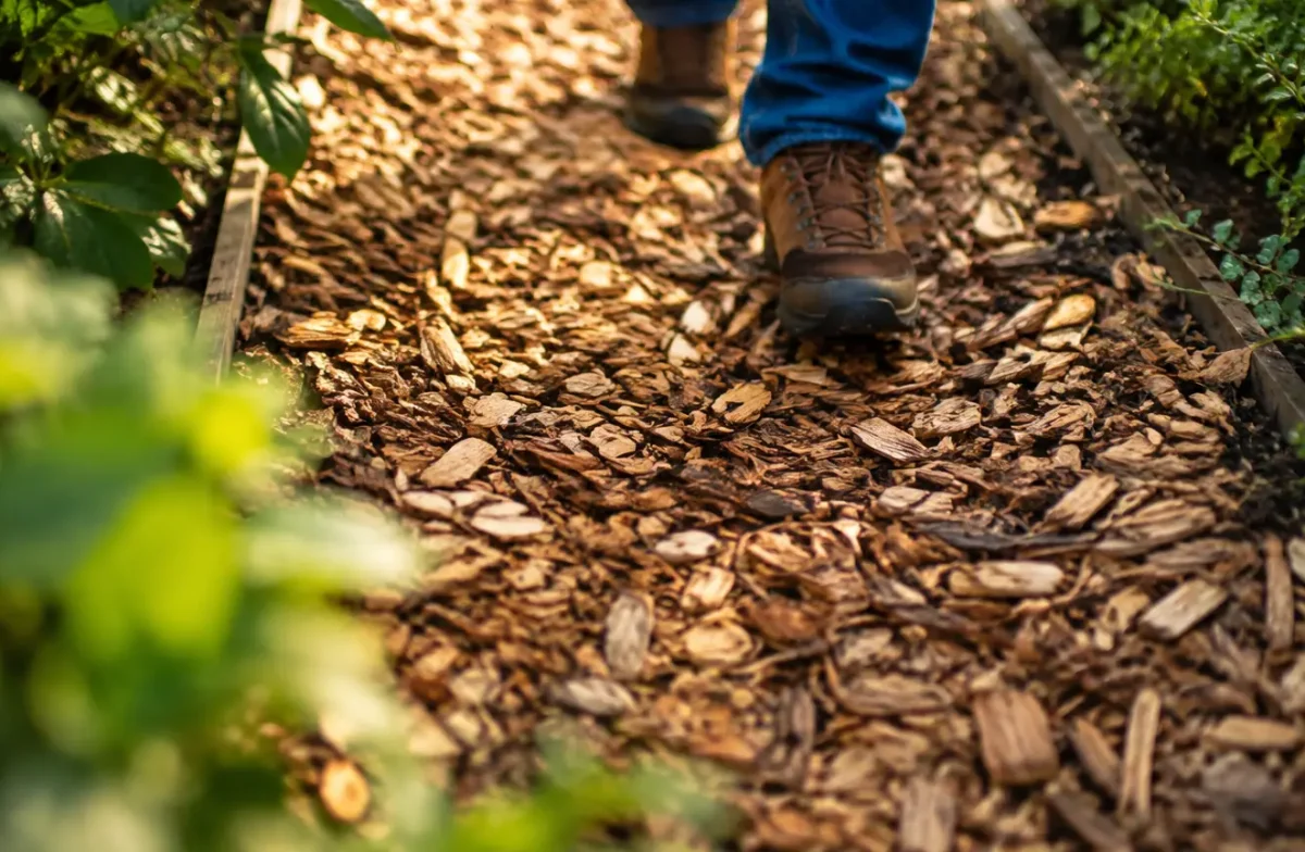 Copeaux de bois etales sur une allee de jardin