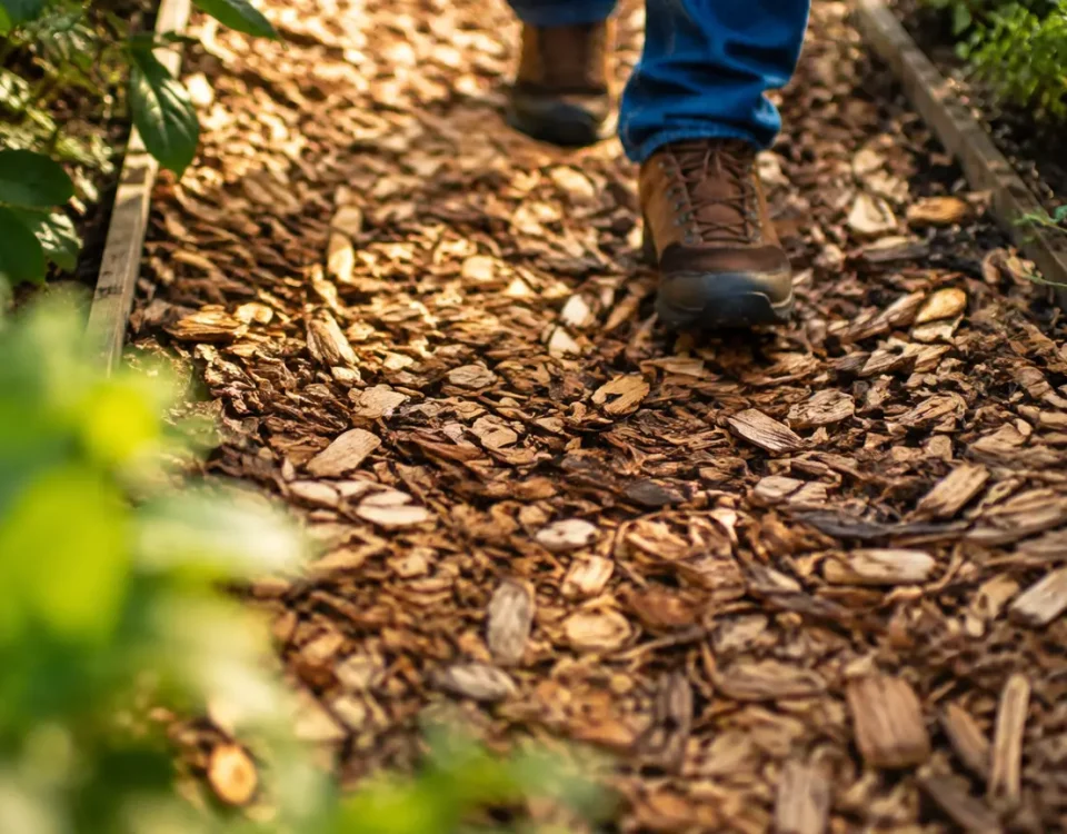 Copeaux de bois etales sur une allee de jardin